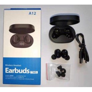 A12-TWS 黑色立体声无线耳机带 LED 数字显示